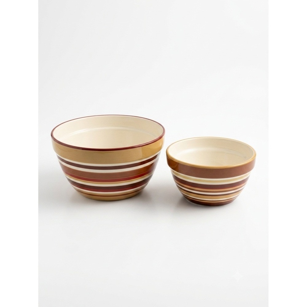 Vintage Earth Tone Striped Ceramic Nesting Mixing Bowls Brown Tan Cream Set of 2